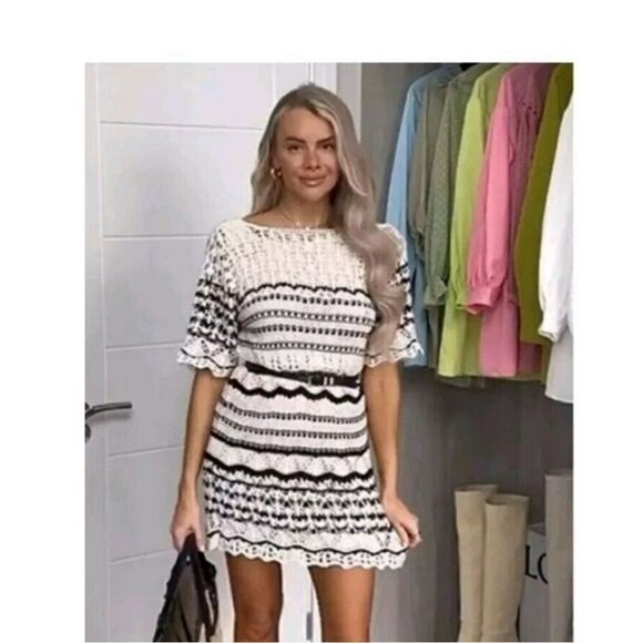 ZARA Crochet Knit Mini Dress Ruffle Sz Small NWT Striped Black White - Picture 1 of 7
